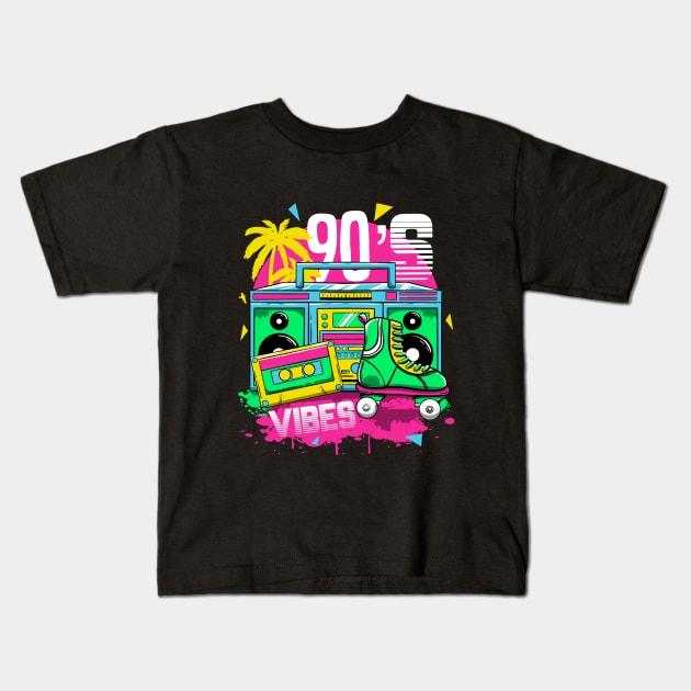 90s vibes 1990s nineties cassette tape vintage Kids T-Shirt by MerchBeastStudio